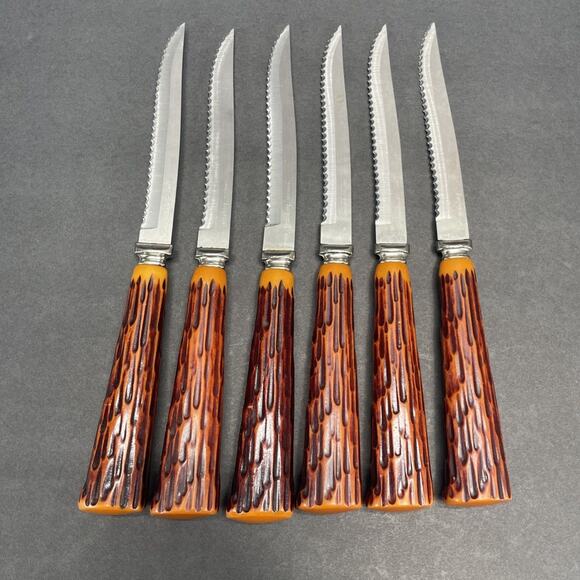 Forgecraft VTG Stainless Steel Faux Bone Stag Handle Steak Knives set of 6 USA - Picture 6 of 6